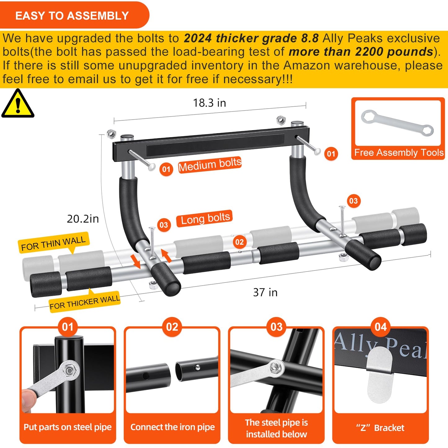 ALLY PEAKS Pull Up Bar Thickened Steel Pipe Super Heavy Duty Steel Frame Upper Workout Bar| Multi-Grip Strength for Doorway | Indoor Chin-Up Bar Fitness Trainer for Home Gym Max Limit 440 lbs