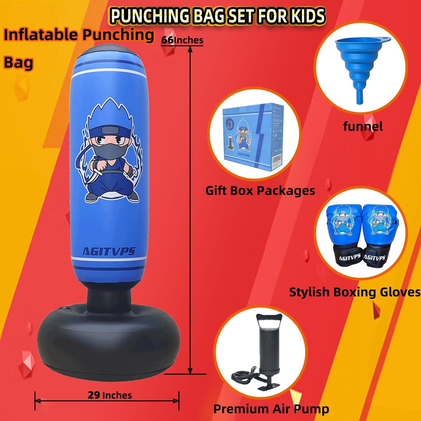Inflatable Punching Bag Set, 66" Punching Bag for Boys & Girls Aged 8-12 with Kids Boxing Gloves, Super Air Pump | Suitable for Children's Daily Exercise, Happy Family Time (Dark Blue)