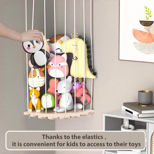 Blingbin Stuffed Animal Storage, Wood Corner Plush Toys Holder, Length Adjustable Hammock Hanging Stuffed Animal Toy Storage Organizer Shelf for Nursery Bedroom Kid Room Play Room