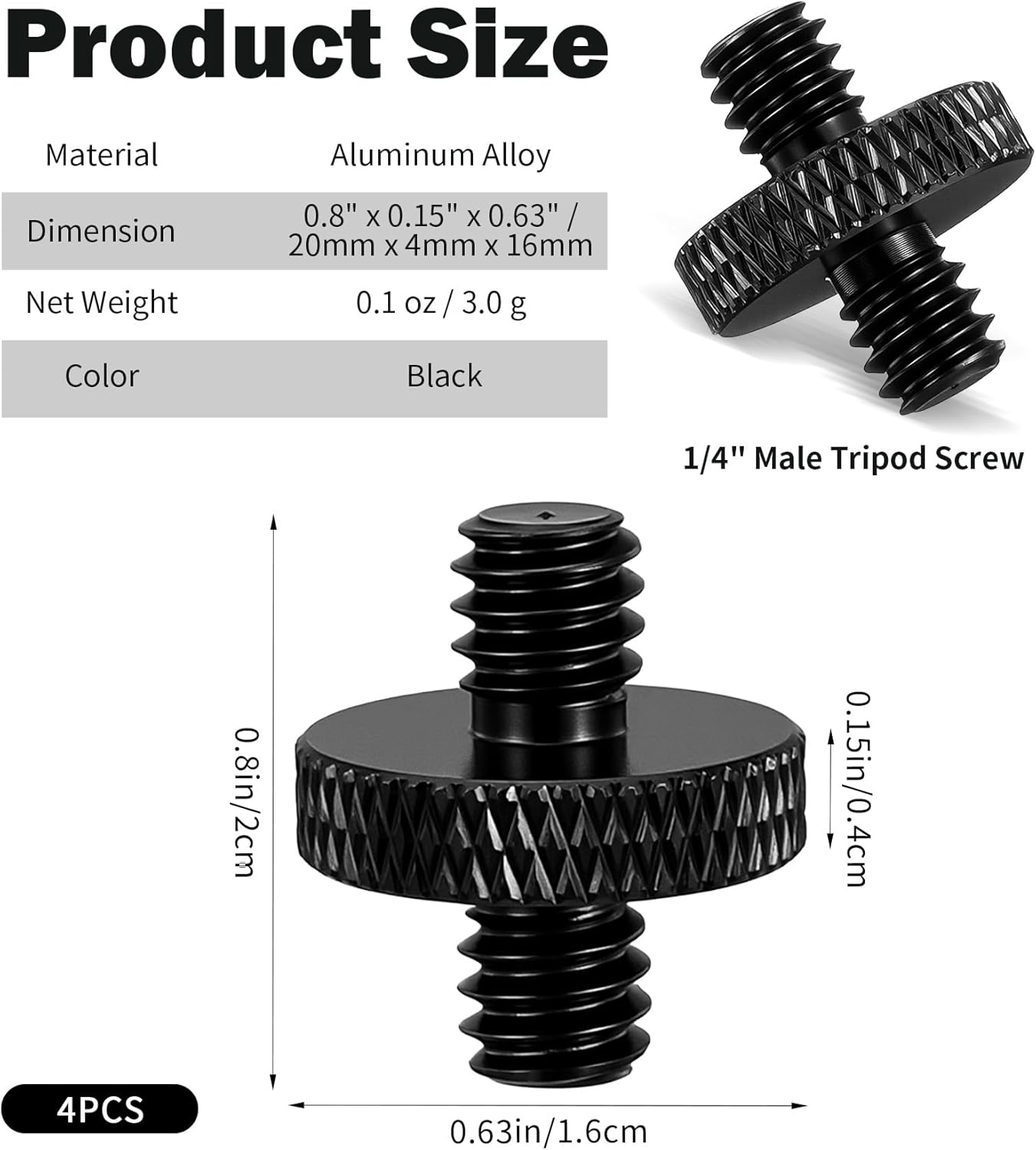 Thrymme 4 1/4" 1/4" Pcs Camera Tripod Screw, Male to Male Threaded Tripod Screw Tripods Nut Connectors, Double Sided