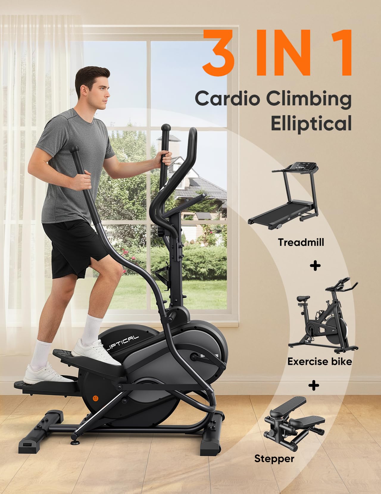 Dripex Elliptical Exercise Machine, 3-in-1 Cardio Climber Stepper Elliptical Machine for Home, Elliptical Training Machines with 16-Level Resistance, 18LBS Flywheel, Pulse Sensor