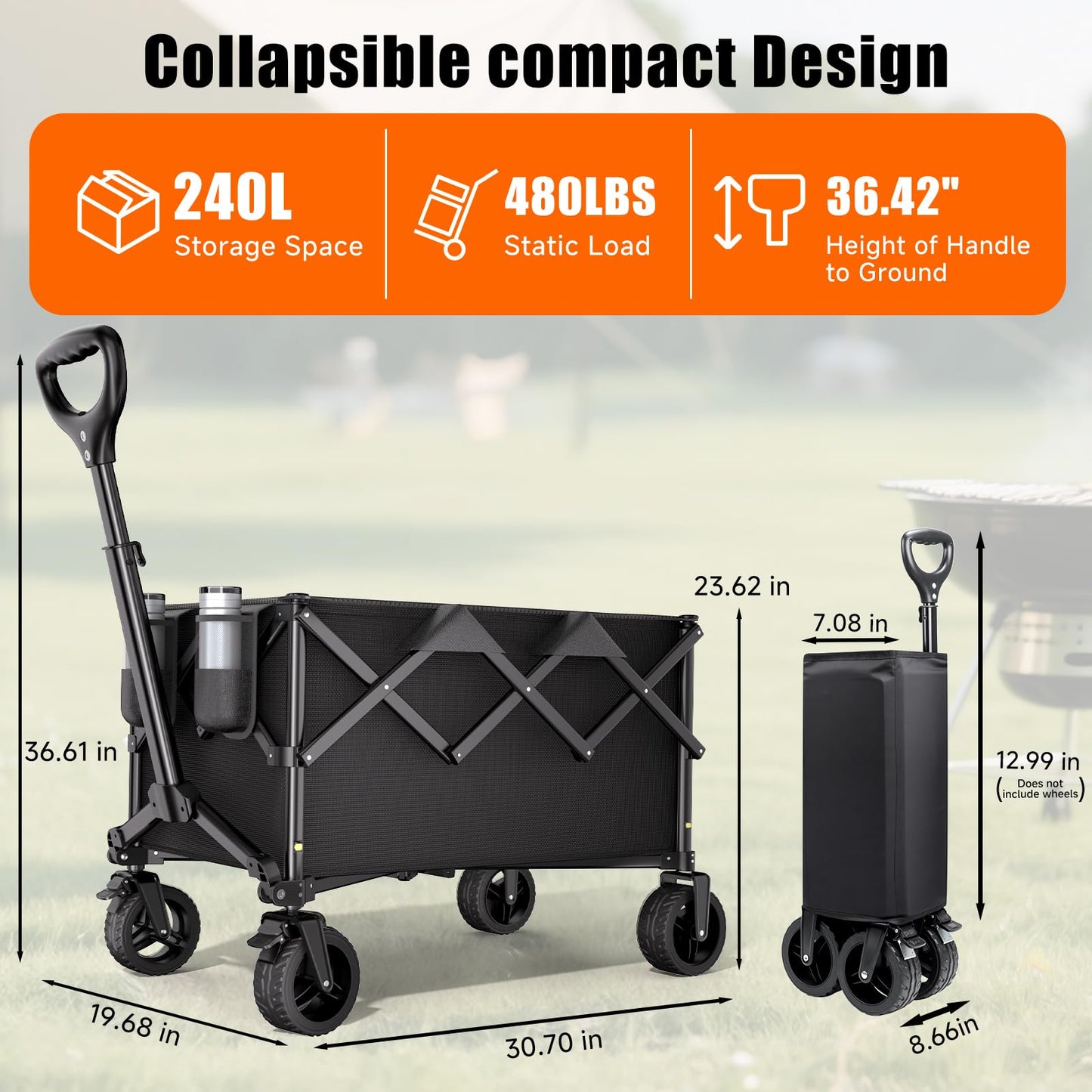 Collapsible Wagon Cart, 480lbs Heavy Duty Beach Wagon with All-Terrain Universal Wheels & Adjustable Handle, Portable Utility Wagons Carts for Camping, Garden, Grocery, Fishing & Sports
