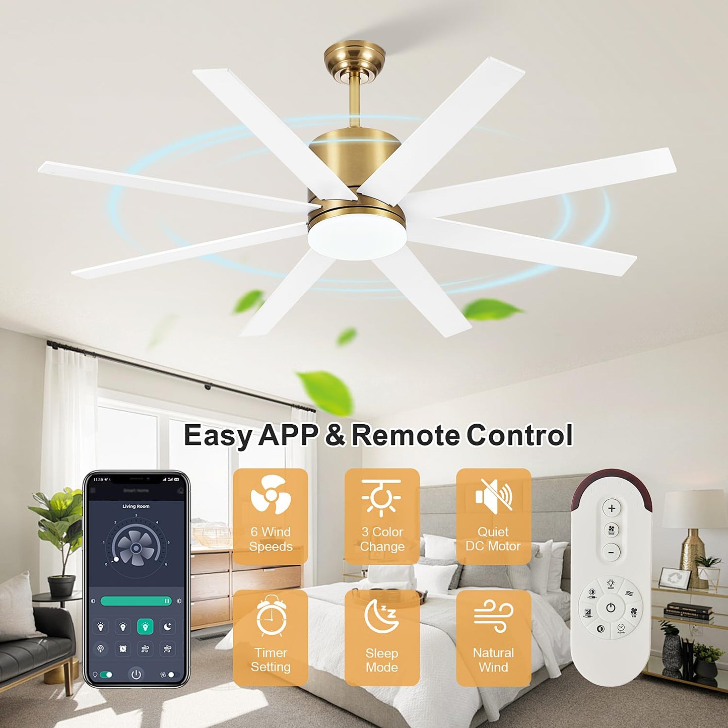 TXCSLY 60 inch Ceiling Fan with Light, Large Ceiling Fans with Remote Outdoor Ceiling Fan Quiet DC Motor, 8 Blades, 6 Wind Speed, Dimmable and Quiet DC Motor for Bedroom Living Room- White &Gold