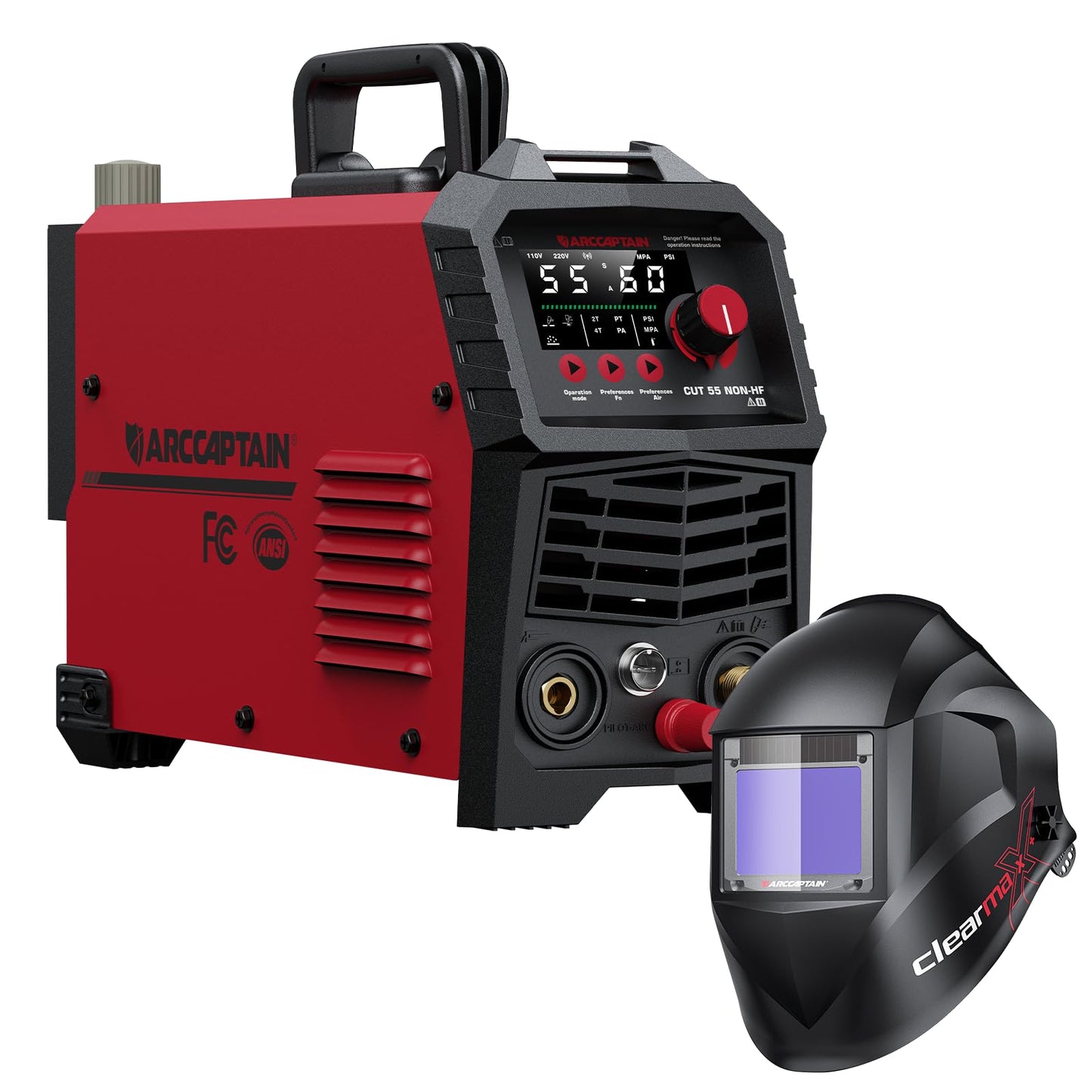 ARCCAPTAIN 55Amp Plasma Cutter, Blowback Non-HF Pilot Arc Plasma Cutting Machine + ARCCAPTAIN Internal Control Auto Darkening Welding Helmet