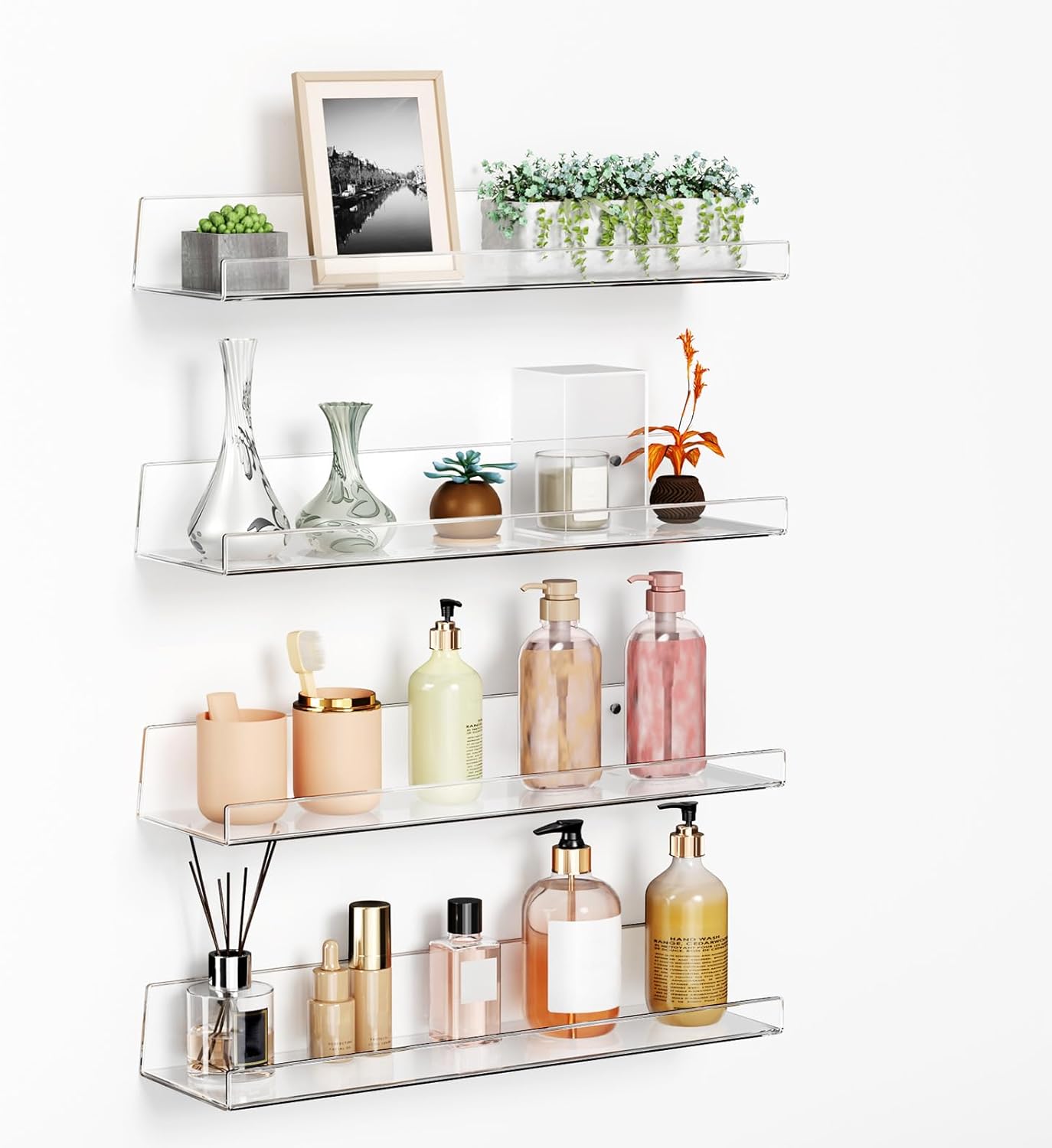 Albumgit 4 Pack Acrylic Wall Shelves - Self-Adhesive 15" Clear Floating Shelf for Home Organization