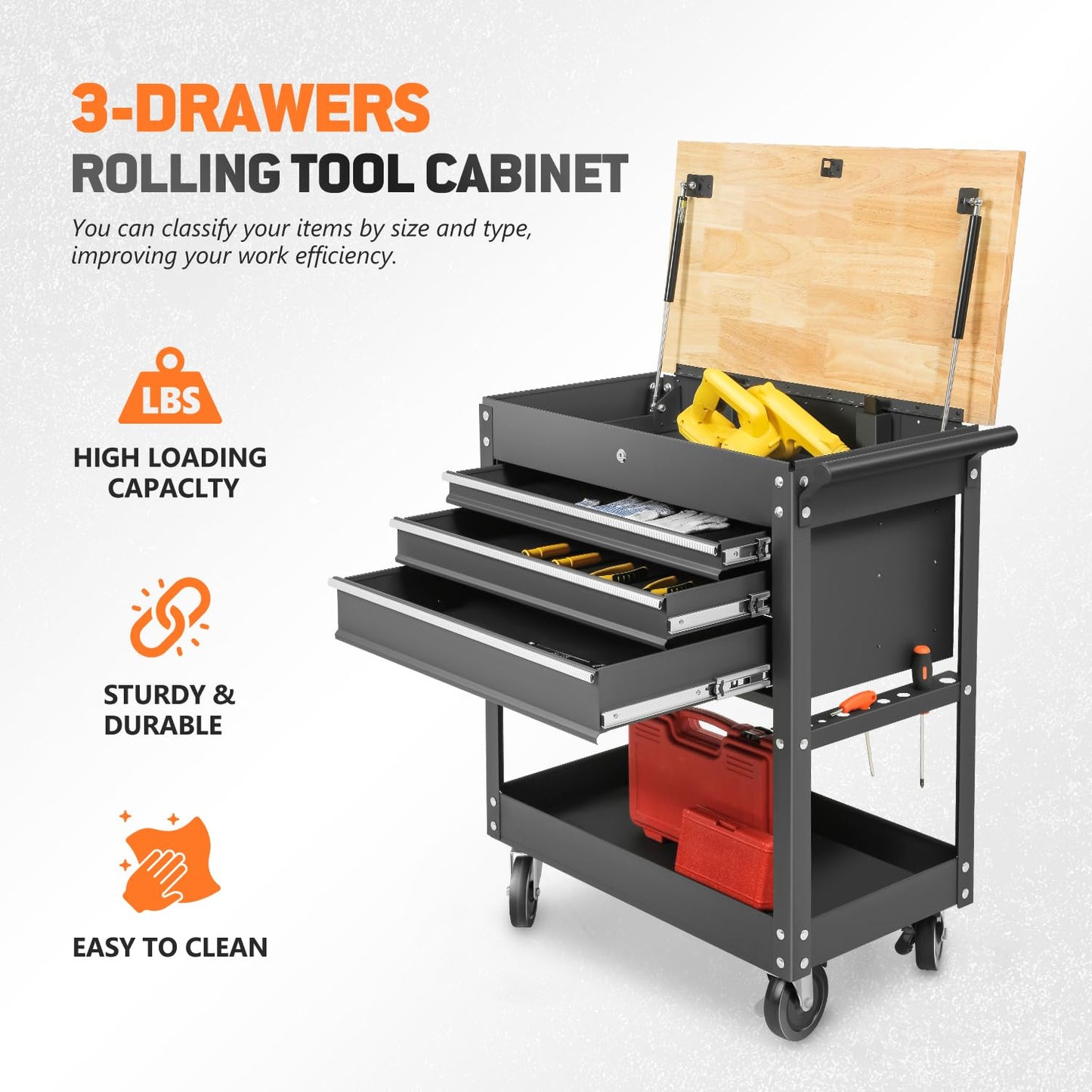 DNA Motoring 3-Drawer Rolling Tools Chest, Rolling Tool Storage Cabinet, Heavy Duty Mechanic Tool Cart, Trolley Organizer for Garage, Warehouse, Workshop, Black, TOOLS-00403