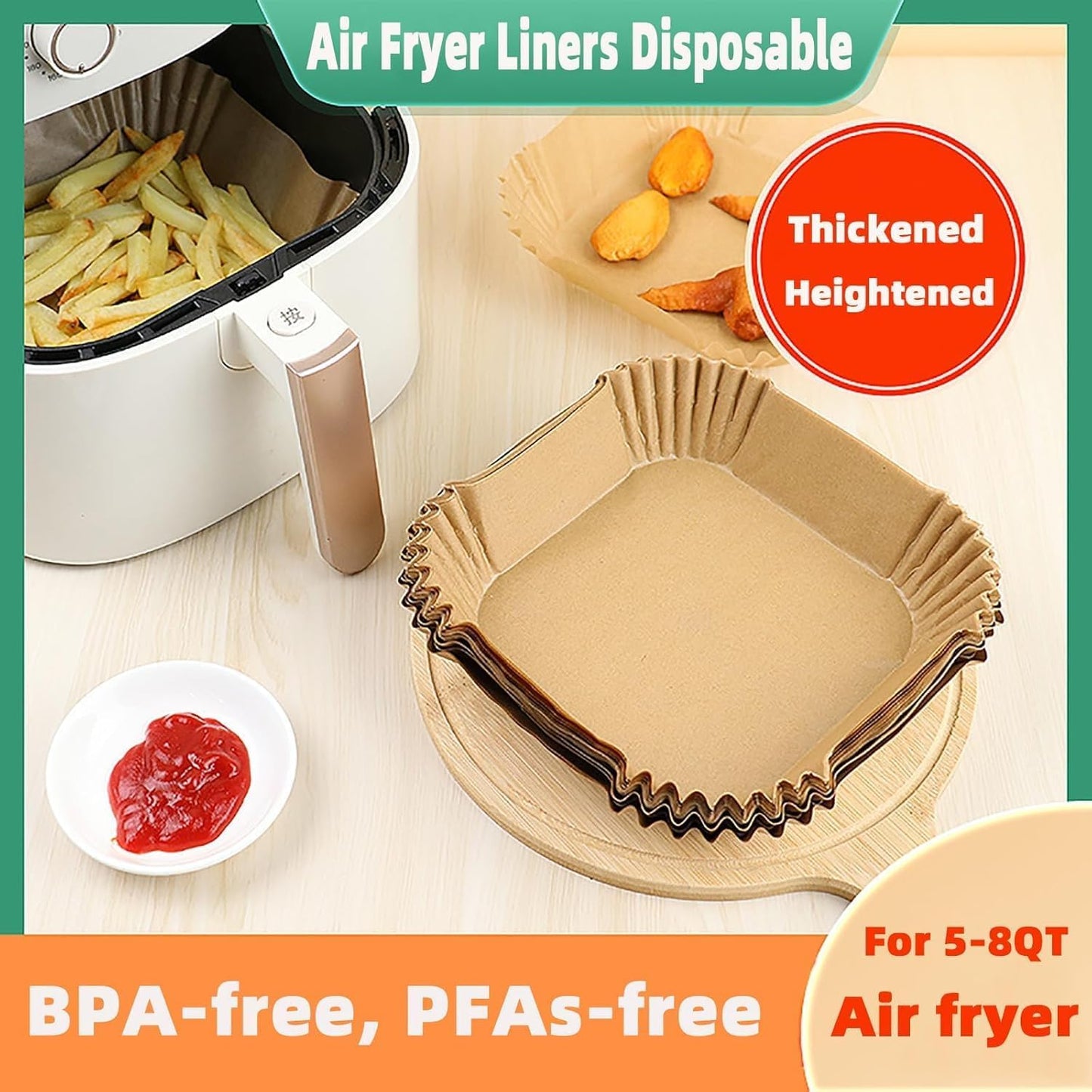 Air Fryer Liners | Non-Stick Disposable Parchment Paper for Baking & Roasting - 200 PCS 9'' Square for 5-8QT