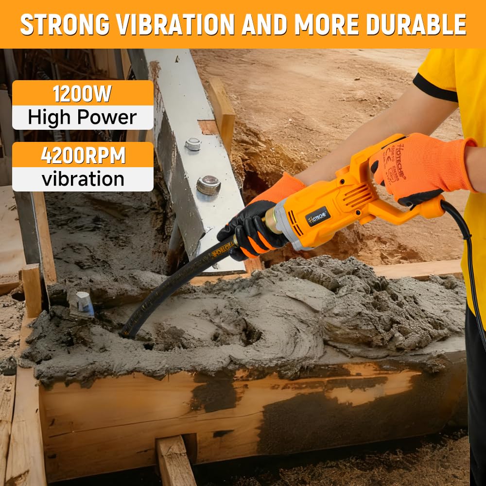Hoteche 1200W Electric Concrete Vibrator – Handheld Power Concrete Vibration Tool with 2m Cable – for Slabs, Foundations, Driveways(Machine Only, compatible with 35mm Rod)