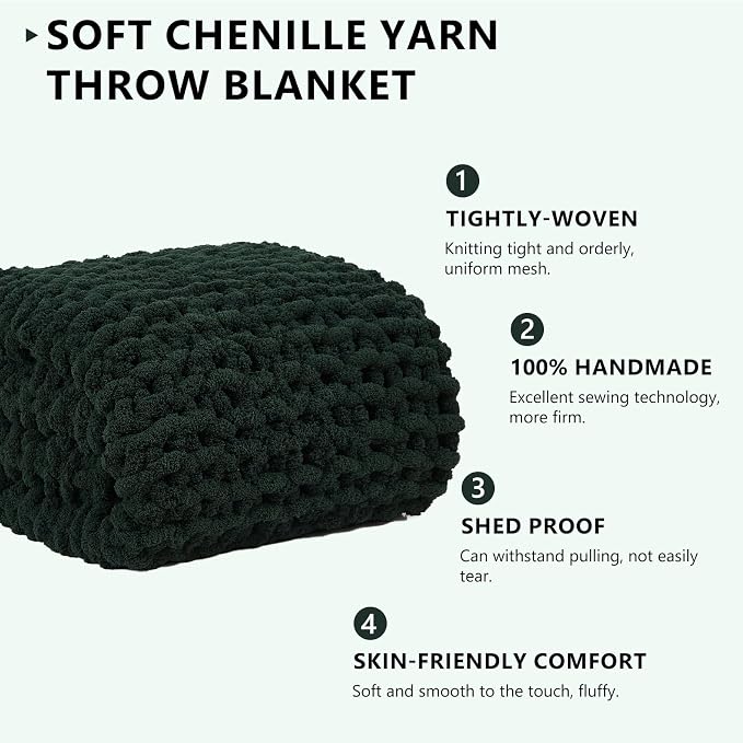 L'AGRATY Chunky Knit Blanket Throw: 80''x90'' Chenille Chunky Knitted Throw Blankets for Bed Couch - Handmade Thick Big Cable Knit Blanket - Large Crochet Rope Blankets for Home Decor(Green)