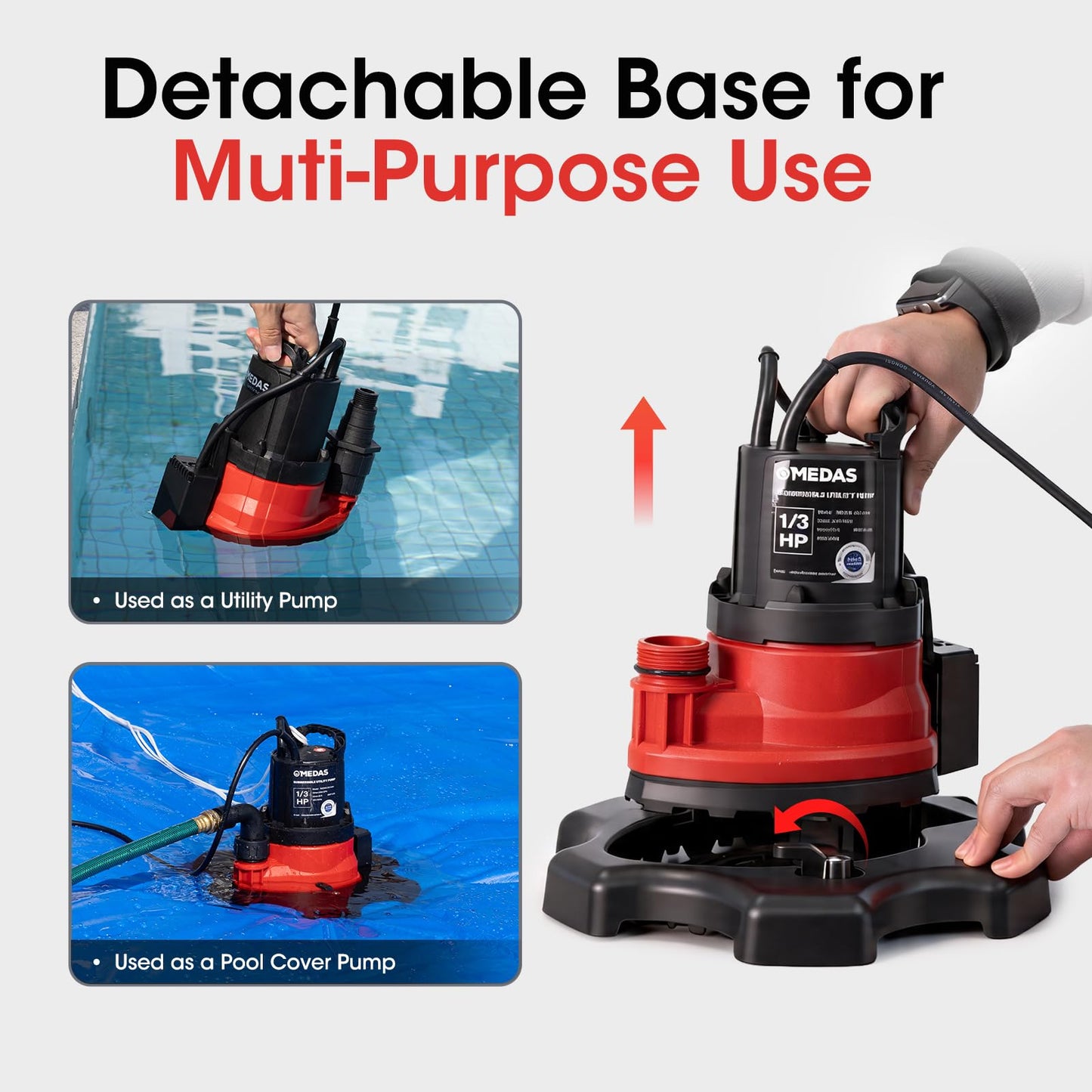 MEDAS Auto On/Off Portable Pool Cover Pump for Swimming Pool, Garden Pond, Basement Water Removal with 33ft Power Cord 1/3HP