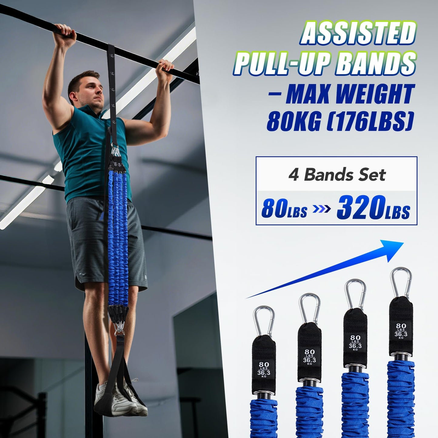 ALongSong Pull Up Assistance Bands with Foot Support Pedal - Upgraded Heavy Duty Resistance Bands Adjustable Weight/Height with 4x80Lbs Bands&Measured Strap for Strength Training Home Gym Core Workout