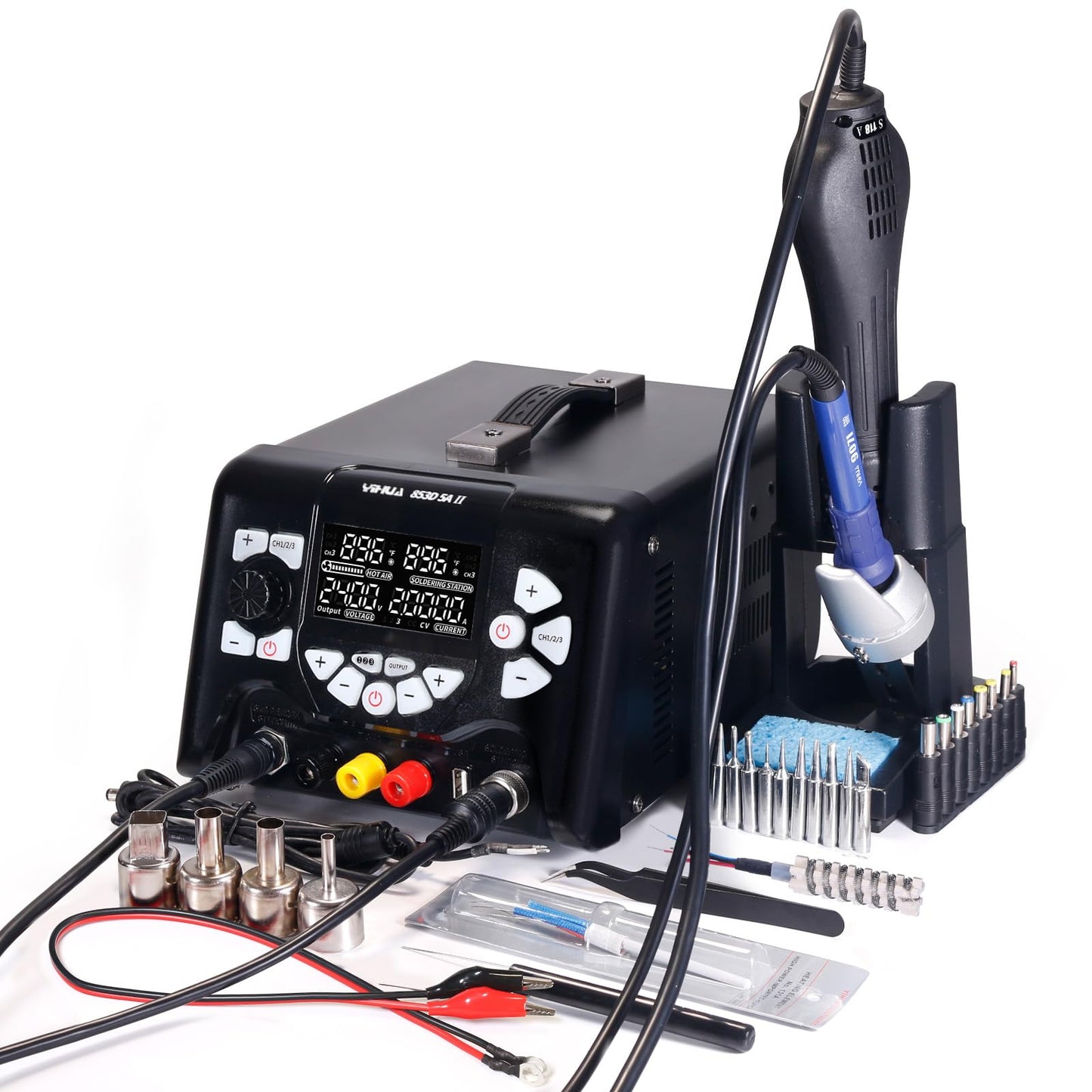 YIHUA 853D 5A-II 3 in 1 Hot Air Rework Soldering Iron Station and DC Power Supply 30V 5A -°F /°C Multiple Functions