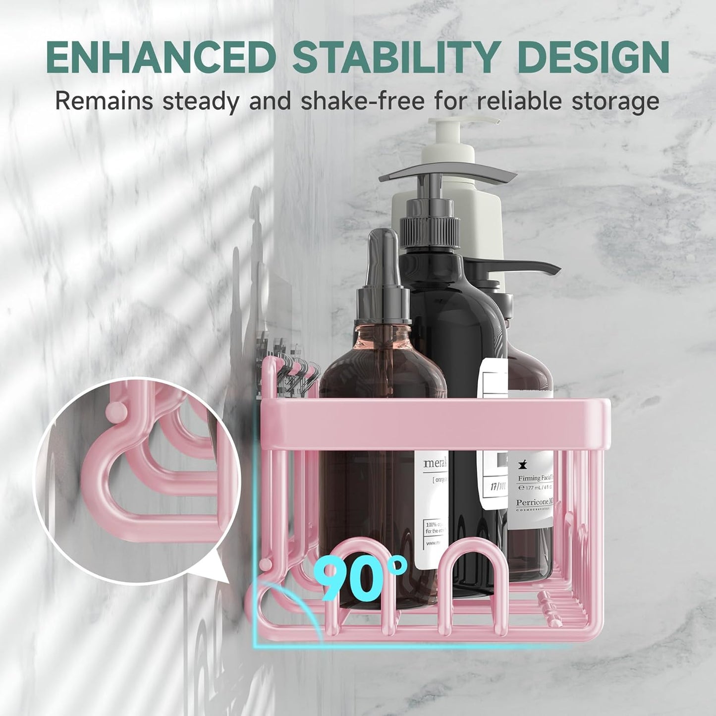Veken Large Capacity Shower Caddy - Rustproof Adhesive Shelves with Soap Holder | 6-Pack Pink Bathroom Organizer