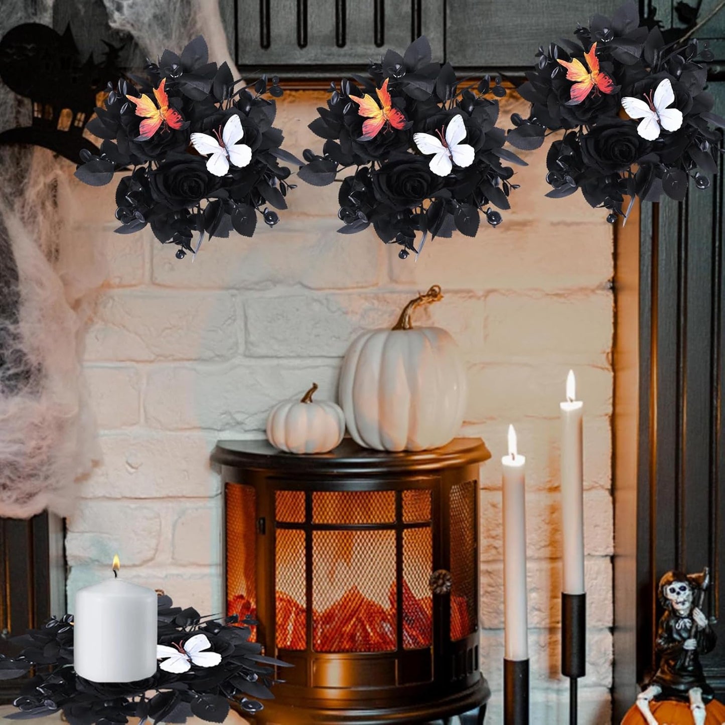 Regine Switzerland Halloween Rose Candle Ring Wreath - Gothic Black Floral with Butterfly & Artificial Leaves | Elegant Table Centerpiece