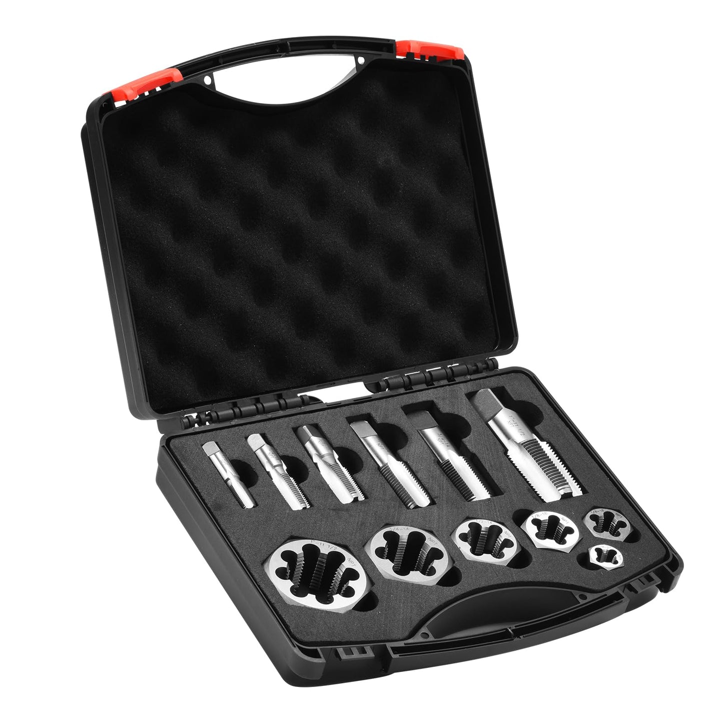 NPT Tap and Die Set – 1/8" to 1" Pipe Threading Tool Kit, GCr15 Alloy Steel Taper Tap and Hex Die Set with Storage Case for NPT Thread Repair and Cutting