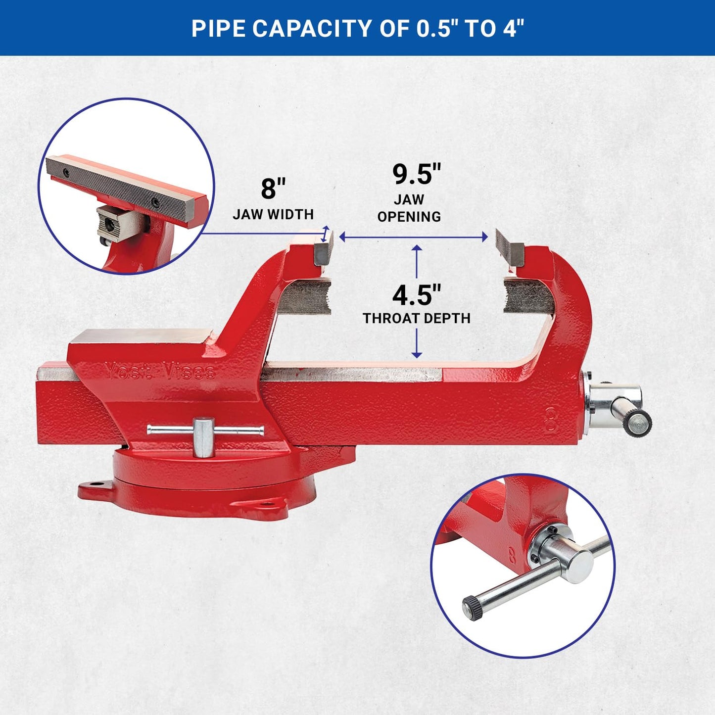 Yost Vises ADI-8 Heavy Duty Vise | 130,000 PSI Tensile Strength Austempered Ductile Iron Bench Vise | 8 Inch Jaw Width with a 360 Degrees Interlocking Swivel Base and 2 Lockdowns | Red