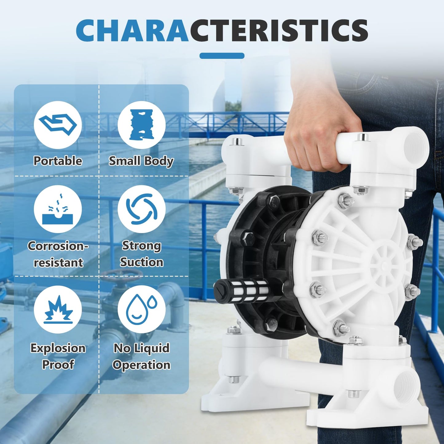 MXBAOHENG 15GPM Air Operated Double PTFE Diaphragm Pump, 100PSI Air Driven Diaphragm Pump, 898GPH Polypropylene Pneumatic Dual Diaphram Pump, for Waste Oil, Chemicals (56.67L/min)