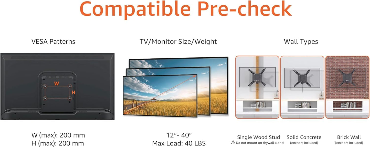 Amazon Basics 12" 40" 200x200, 40 lbs Fixed Flat TV Wall Mount, Low Profile, for to TVs, VESA Capacity