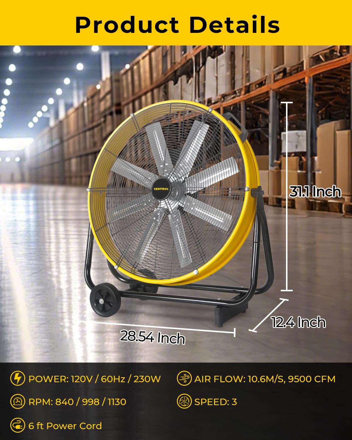 VENTISOL 24 Inch Industrial Floor Fan, 3-Speed High Velocity Shop Fan with 8 Blades, Heavy Duty Drum Fan 9500 CFM, Large Metal Garage Fans for Warehouse, Outdoor, Commercial