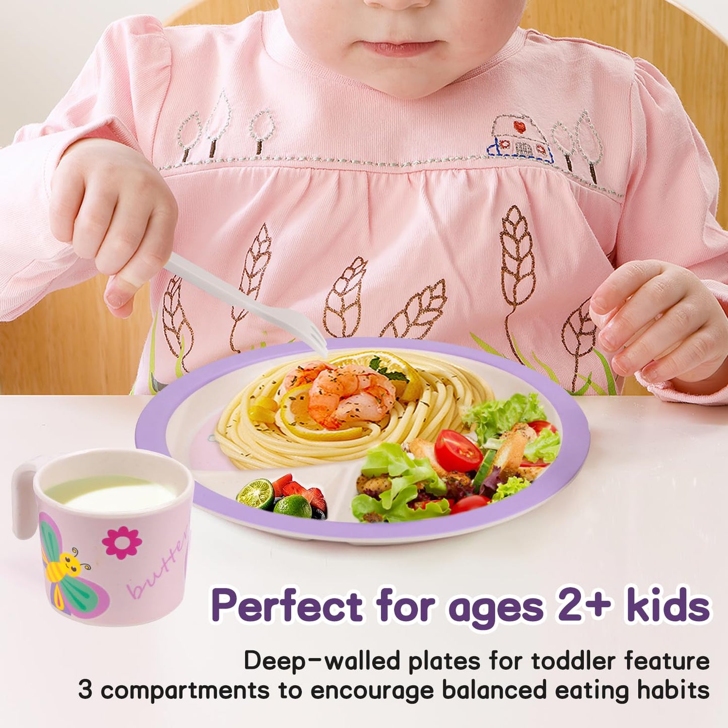 PHEENOWL Kids Dinnerware Set, Includes Toddler Plate Bowl Tumbler and Utensils, BPA Free Bamboo Fiber Material Perfect for Little Girls (Purple - Butterfly Theme)