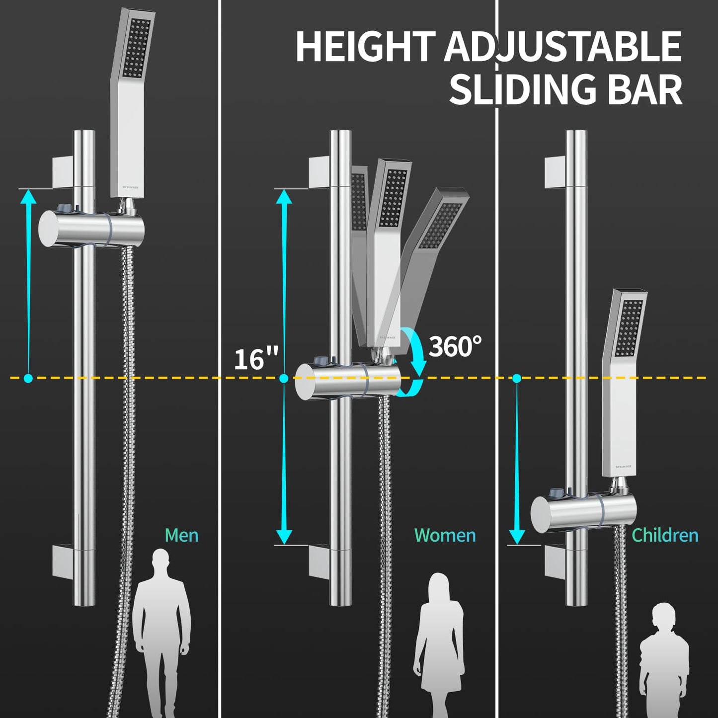 SR SUN RISE 12 Inch Slide Bar Shower System, Square Rain Shower Head and Handheld Spray, Wall Mounted Shower Faucets Sets Complete Included Valve and Shower Trim Kit, Polished Chrome