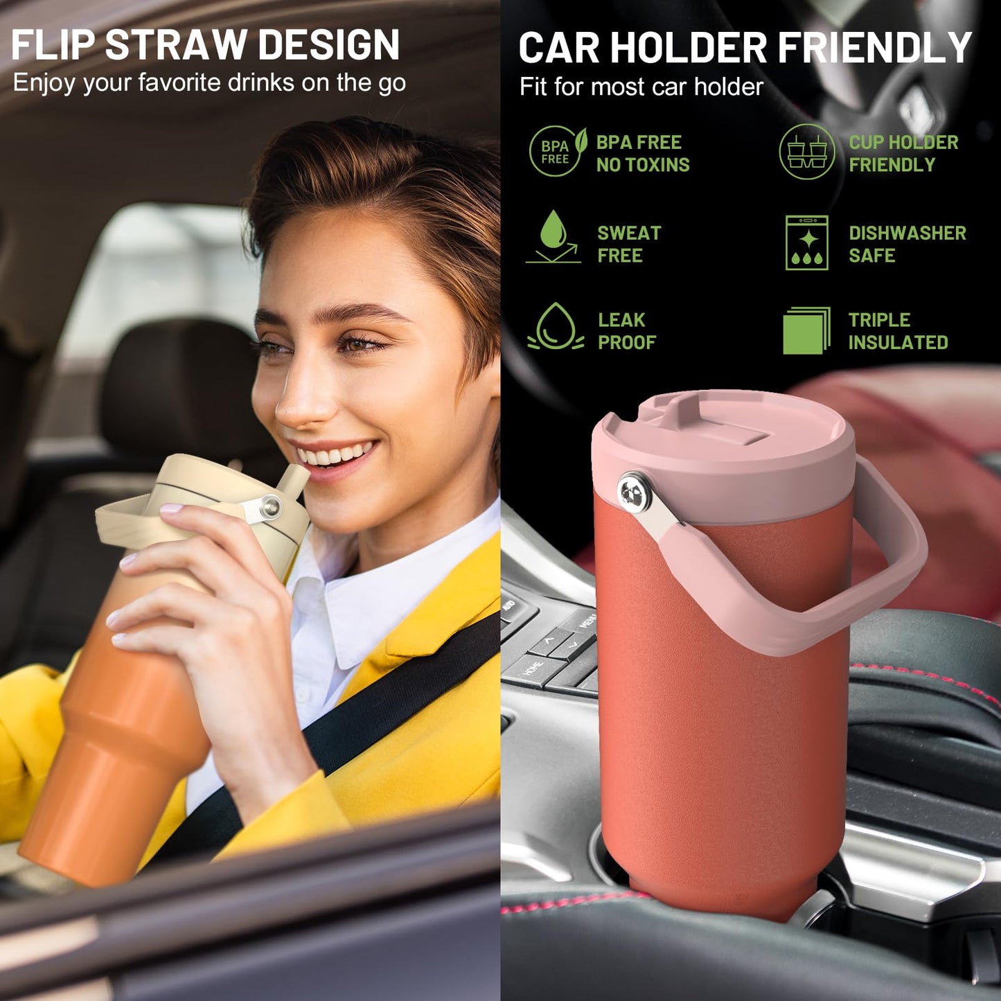 Cafezi 50 oz Insulated Tumbler with Straw, Stainless Steel Water Bottles with Flip Straw and Top Handle, Leak Proof Flip, No Sweat, Fits in Cup Holder, Vacuum Insulated Cup for Home, Outdoors, Car