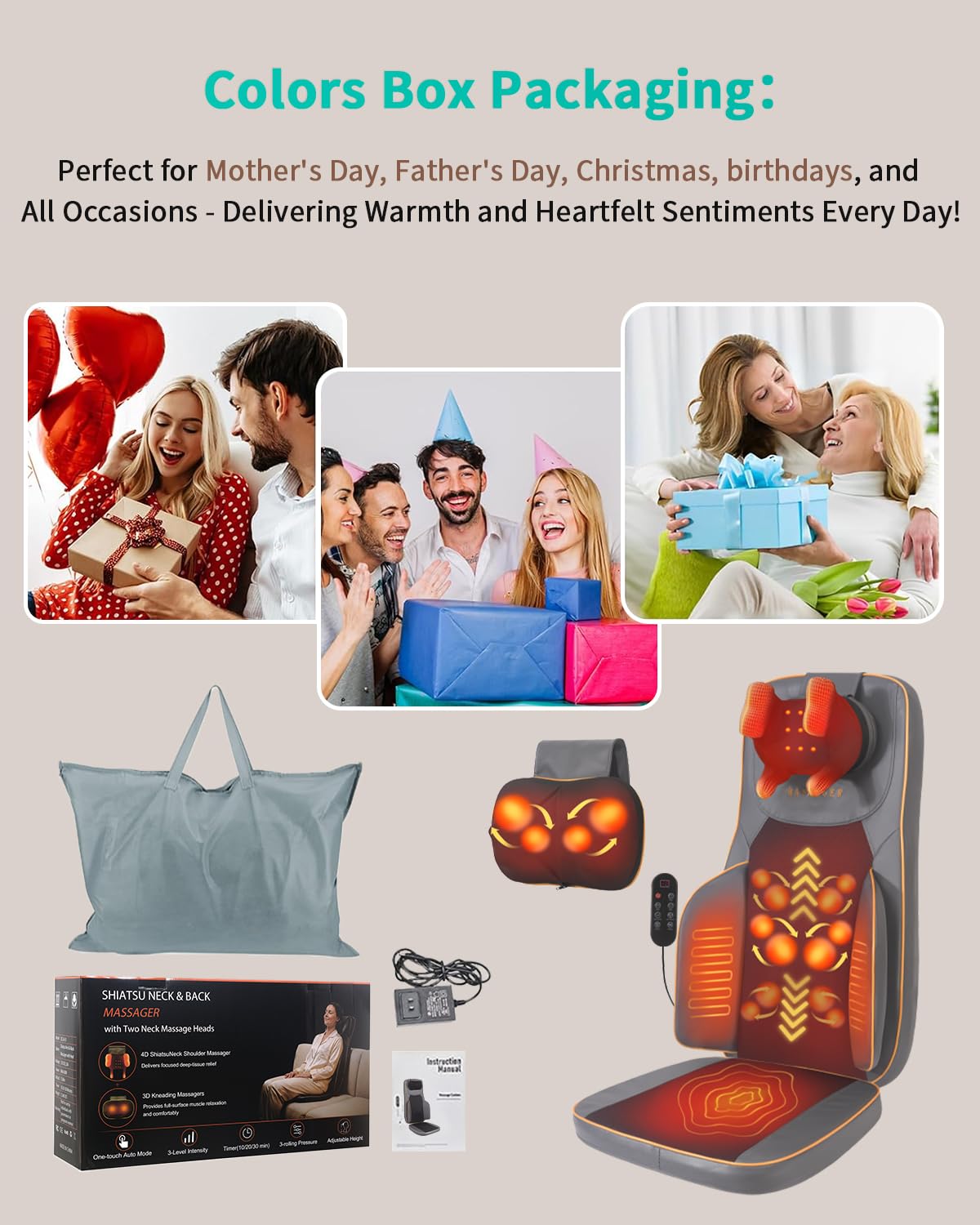 MAIBOLE Shiatsu Neck and Back Massage with Heat - 4D Deep Tissue Kneading Full-Back Massager for Relief Fatigue, Adjustable Intensity & Height for Holiday Gift