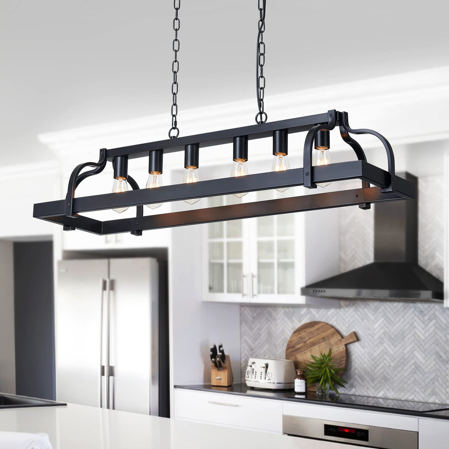 WUZUPS 6-Light Metal Pot Hanging Rack Chandelier Linear Pendant Ceiling Lighting Rustic Farmhouse Fixture Kitchen Island Dining Room, H 9.8" L 40.6" W11.8, E26 Base, Black