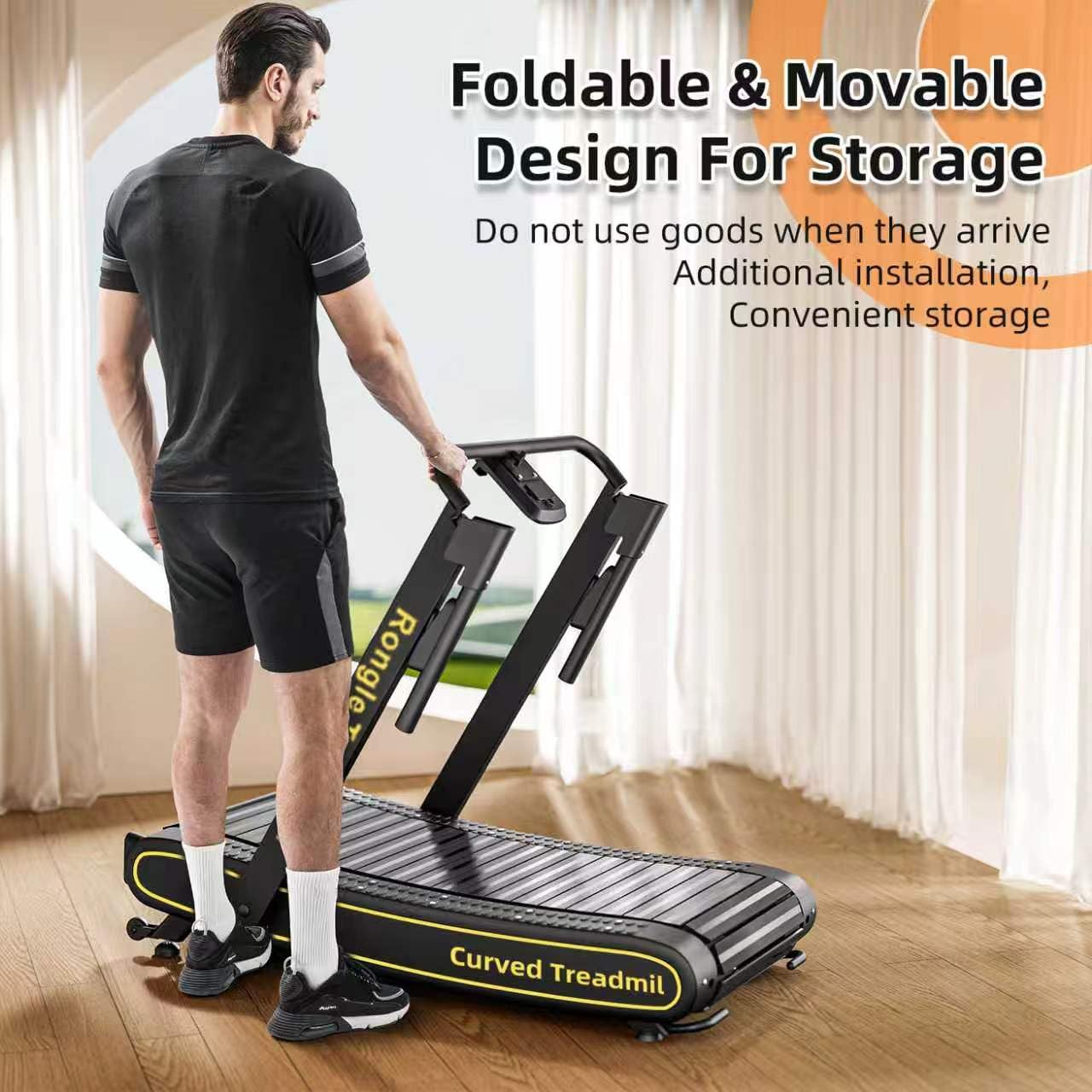 Rongle Curved Treadmill with Non-Electric Motorized, 2 in 1 Foldable Design Adaptive Variable Speed with LED Display, Motorless Self Propelled Treadmill for Home Office, No Assembly Required 350LBS
