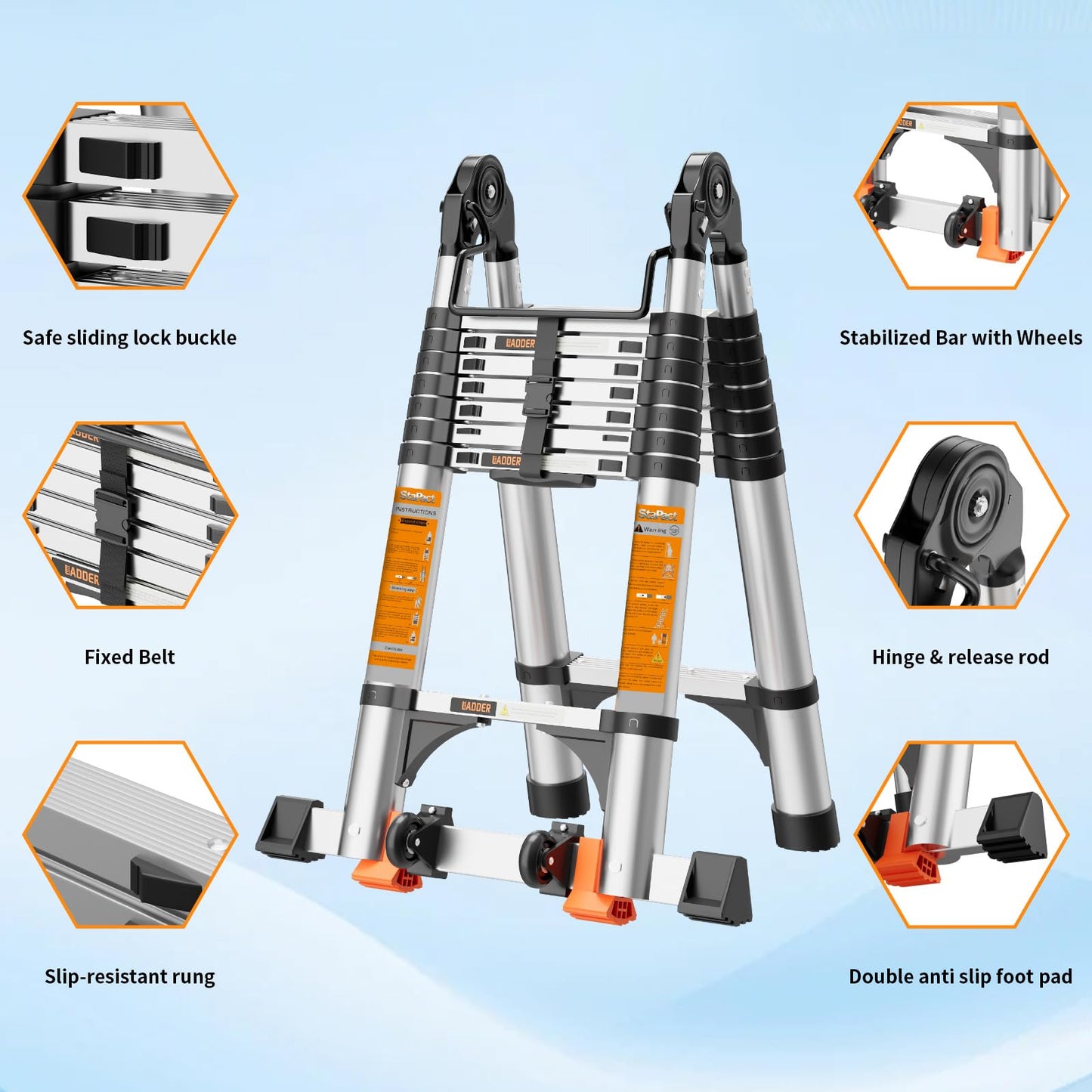 Telescoping Ladder A Frame,Telescopic Ladder for Home, Roof, RV，12.5 Ft Aluminum Extension Ladder with Balance Bar,Wheels and 2 Triangle Stabilizers，330 lb Capacity (12.5FT-A Frame)