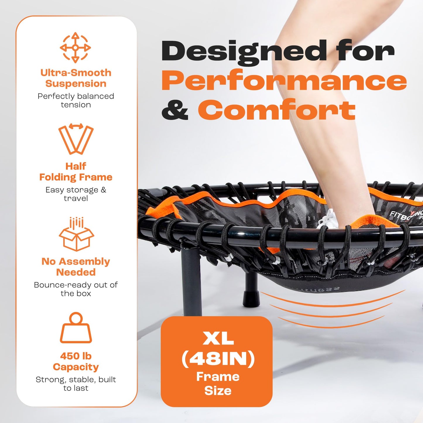 MXL FIT Bounce PRO XL Bungee Rebounder - Premium Indoor Mini Trampoline for Adults, Silent Low-Impact Bounce, Half-Folding with Foldable Steel Legs & Carry Bag - 48 in, 400lb