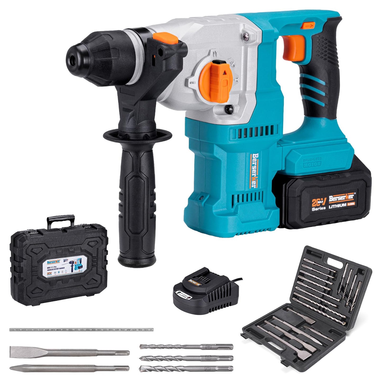Berserker 20V Cordless 1-1/8" SDS-Plus Rotary Hammer Drill with 17pcs SDS Plus Drill Bits and Chisels Set with Storage Case