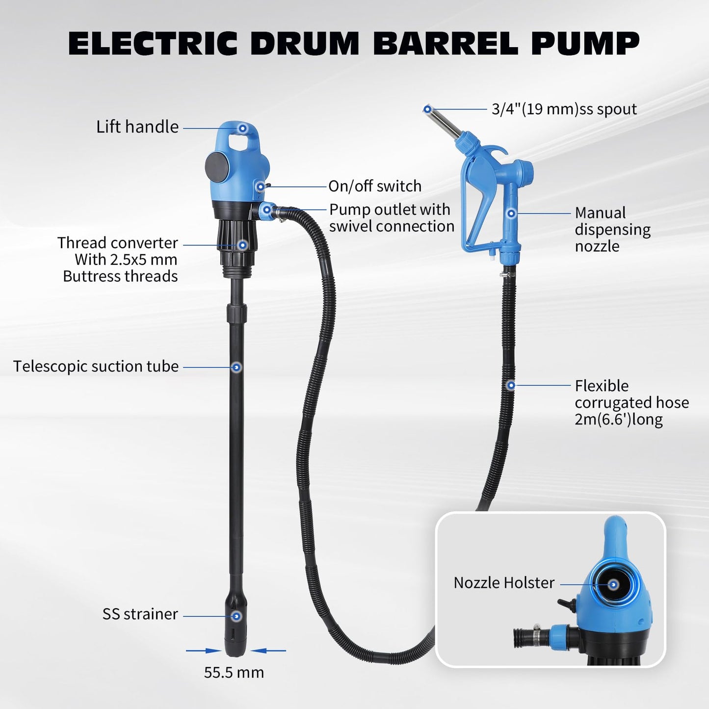 Electric Drum Pump with120V AC/12V DC Power, 55 Gallon Drum Pump Electric, Built-in 2-Inch Bung Adapter, 5 GPM Flow Rate,Telescoping Suction Tube 34" to 49" Suitable for Diesel, DEF, Water, Antifreeze