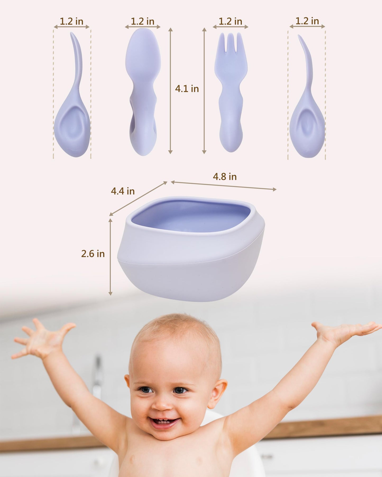 Tiny Genius Toddler Utensils Set Ergonomic Fork and Spoon and Bowl Set Non-Slip Design for baby 1-4 Year Olds Self-Feeding BPA Free Silicone Microwave and Dishwasher Safe Fine Motor Skills (Purple)