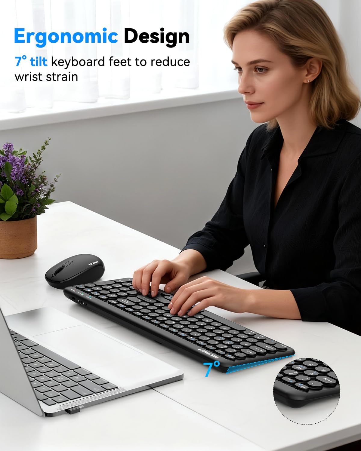 TECKNET 2.4G 4-Device 7 Wireless Keyboard Bluetooth & USB, Up to Connection, USB C Rechargeable Battery, Quiet Typing