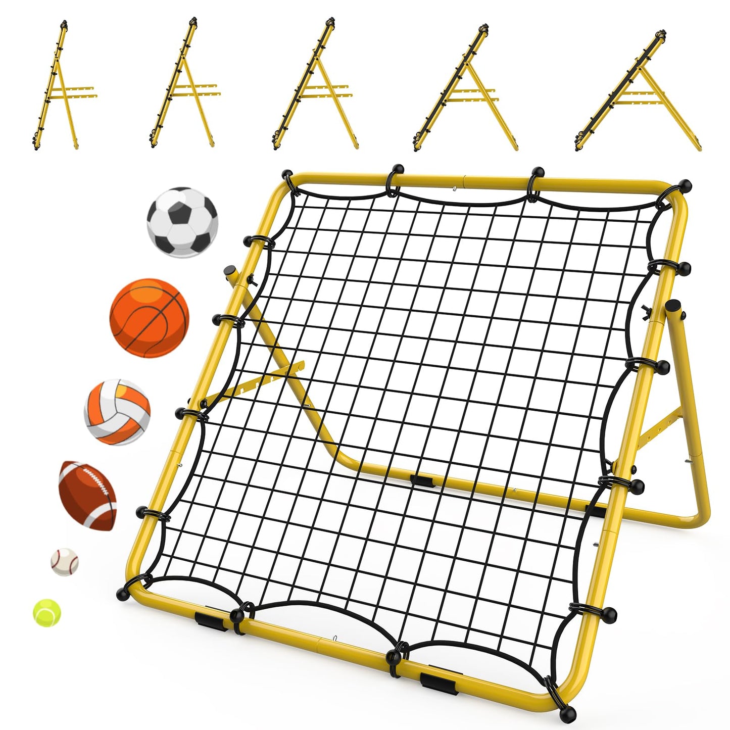 LIANTRAL Baseball Rebounder Net, Adjustable Bounce Back Trainer for Soccer, Volleyball, Softball, Portable Folding Rebounder for Passing & Shooting Practice, Volleyball Rebound Net for Kids, Yellow