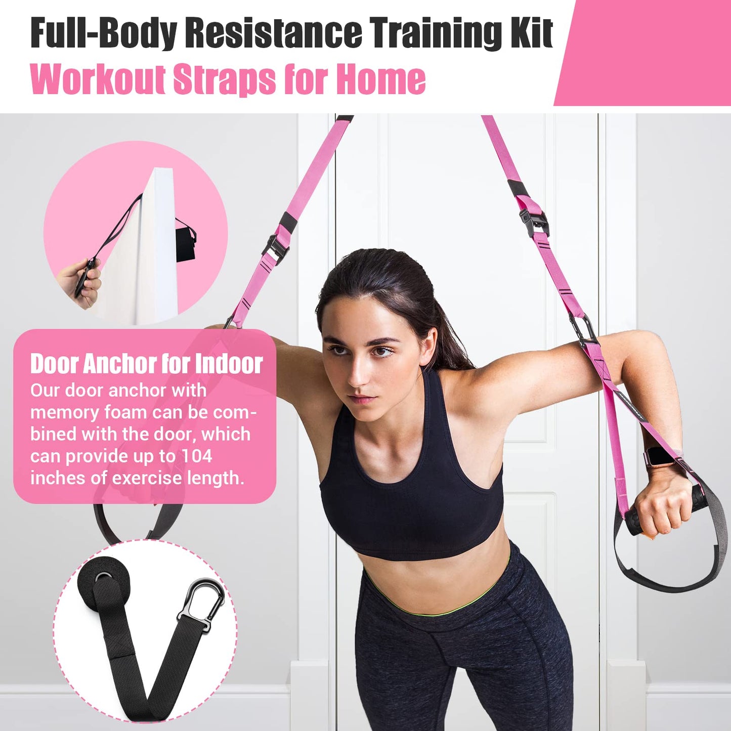 Home Resistance Training Kit, Resistance Trainer Exercise Straps with Handles, Door Anchor and Carrying Bag for Home Gym, Bodyweight Resistance Workout Straps for Indoor & Outdoor (Pink)