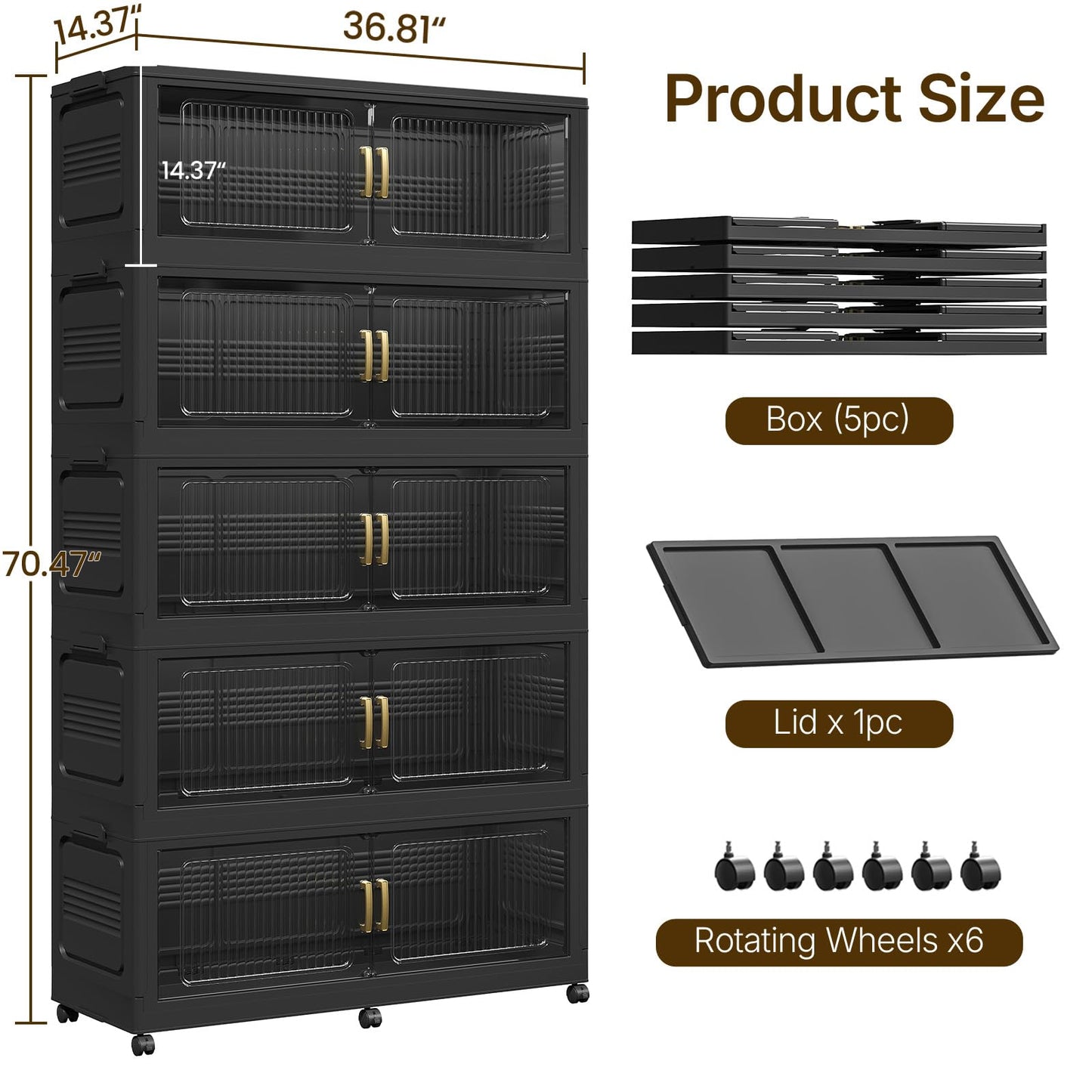 ARXYNEL Extra Large Stackable Storage Bins with Lid, 350Gal/1400QT Foldable Collapsible Storage Box with Doors, Wheels and Drawers, Plastic Closet Organizer Container for Kitchen, Bedroom, Dorm, 5Pack