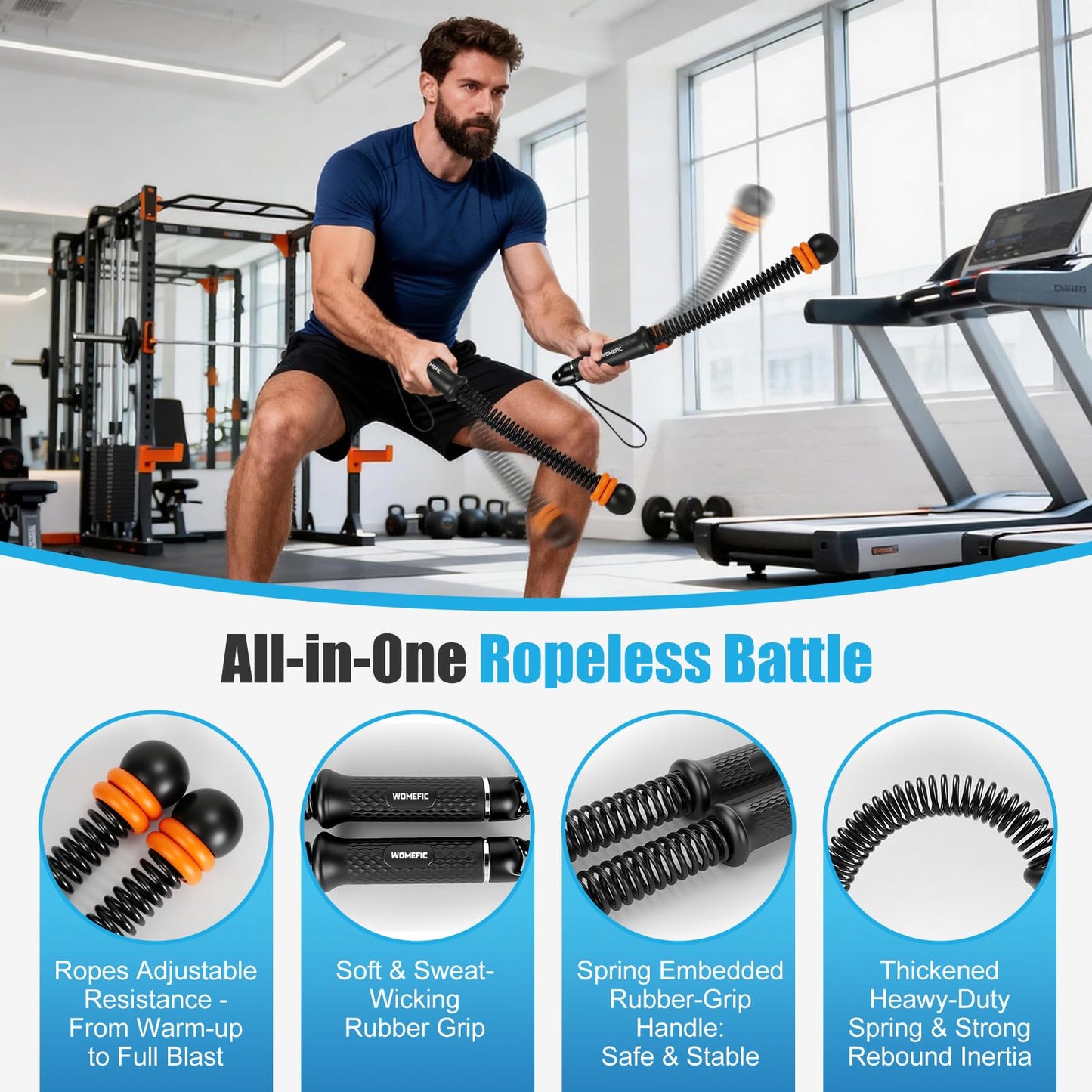Weighted Ropeless Battle Ropes Adjustable Weight - Portable Cordless Battle Ropes for Home Gym with Poster - Strength Building, HIIT and Low-Impact Aerobic Training for Men & Women (Black)