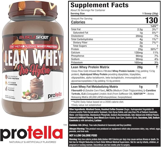 Musclesport Lean Whey Revolution??Protein Powder - Whey Protein Isolate - Low Calorie, Low Carb, Low Fat, Incredible Flavors - 25g Protein per Scoop - 2lb Protella