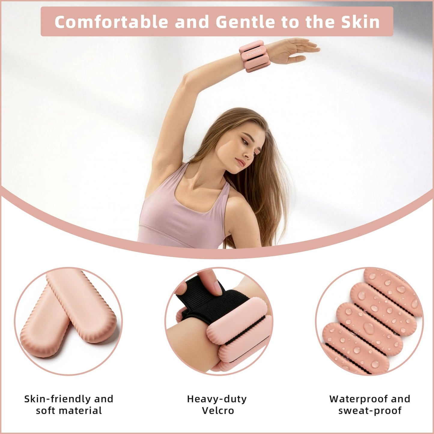 Wrist Weights, Silicone Adjustable Ankle Weights for Women Men - Strengthen Arms and Legs Ideal for for Home Gym Workout, Running, Yoga, Pilates, Barre, Exercise, Strength Training (Flesh Pink, 2 lbs Pair (1lb Each))