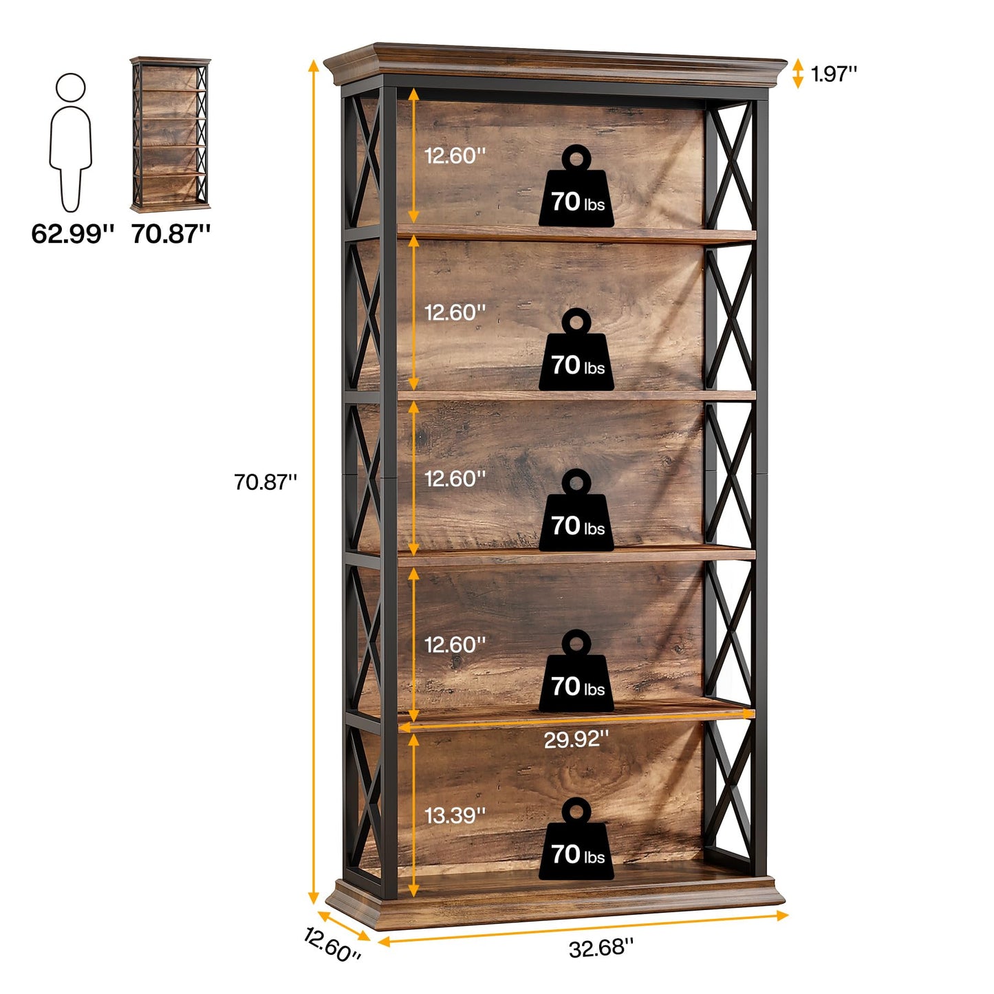 Tribesigns 6-Tier Bookcase, 71 Inches Industrial Bookshelves and Bookcases, Floor Standing 5 Shelf Display Storage Shelves Tall Bookcase for Home Office, Living Room, Bed Room, Brown and Black