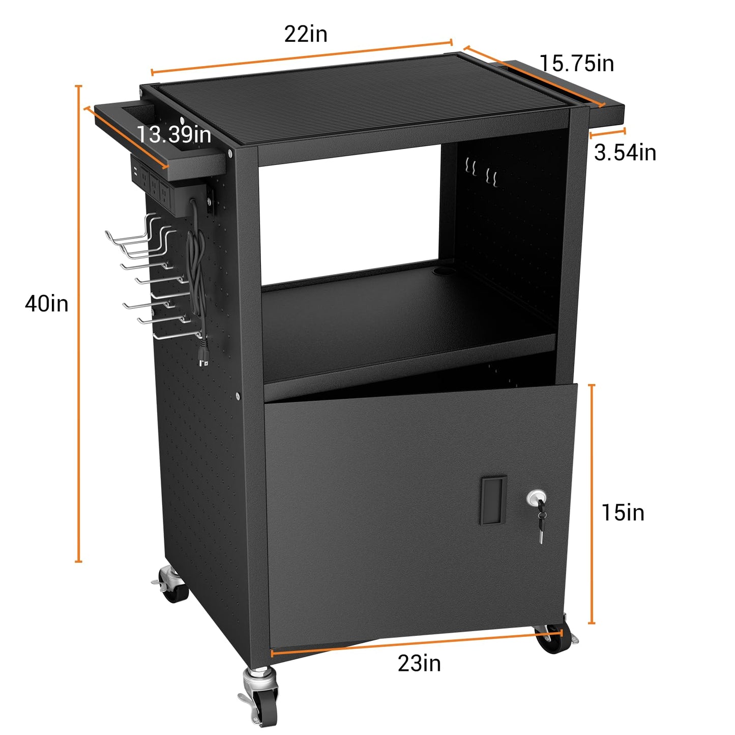 Mobile AV Cart with Push Handles, Heavy Duty Rolling Media Cart with Customized Pegboard & Hooks, Multipurpose Utility Cart with Extra Storage Space, 4 Outlets