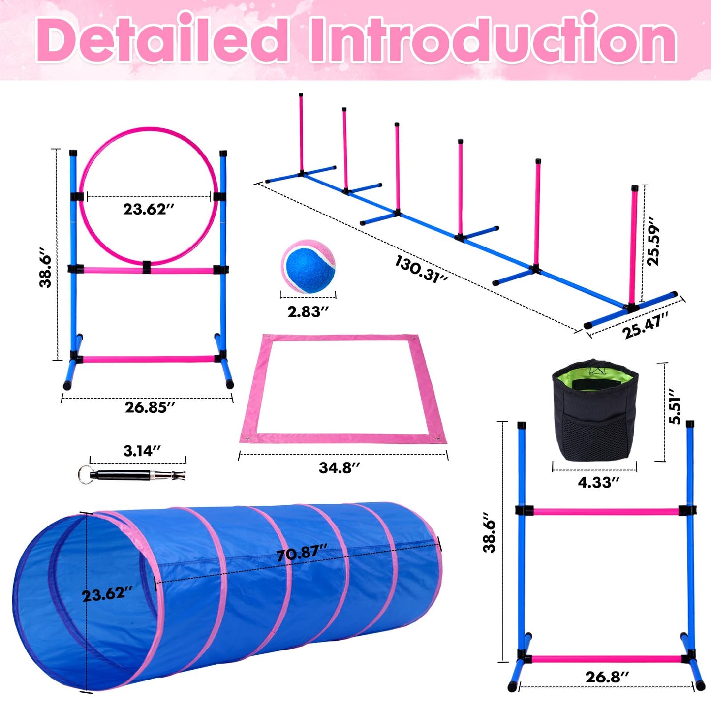 Dog Agility Course Backyard Set, Dog Agility Equipment, Pet obstacle Course Backyard with 6 Dual Mode Weave Poles, 2 Adjustable Hurdle, Jump Ring, Tunnel, Pause Box, Toy Balls and 2 Carrying Bags,Pink