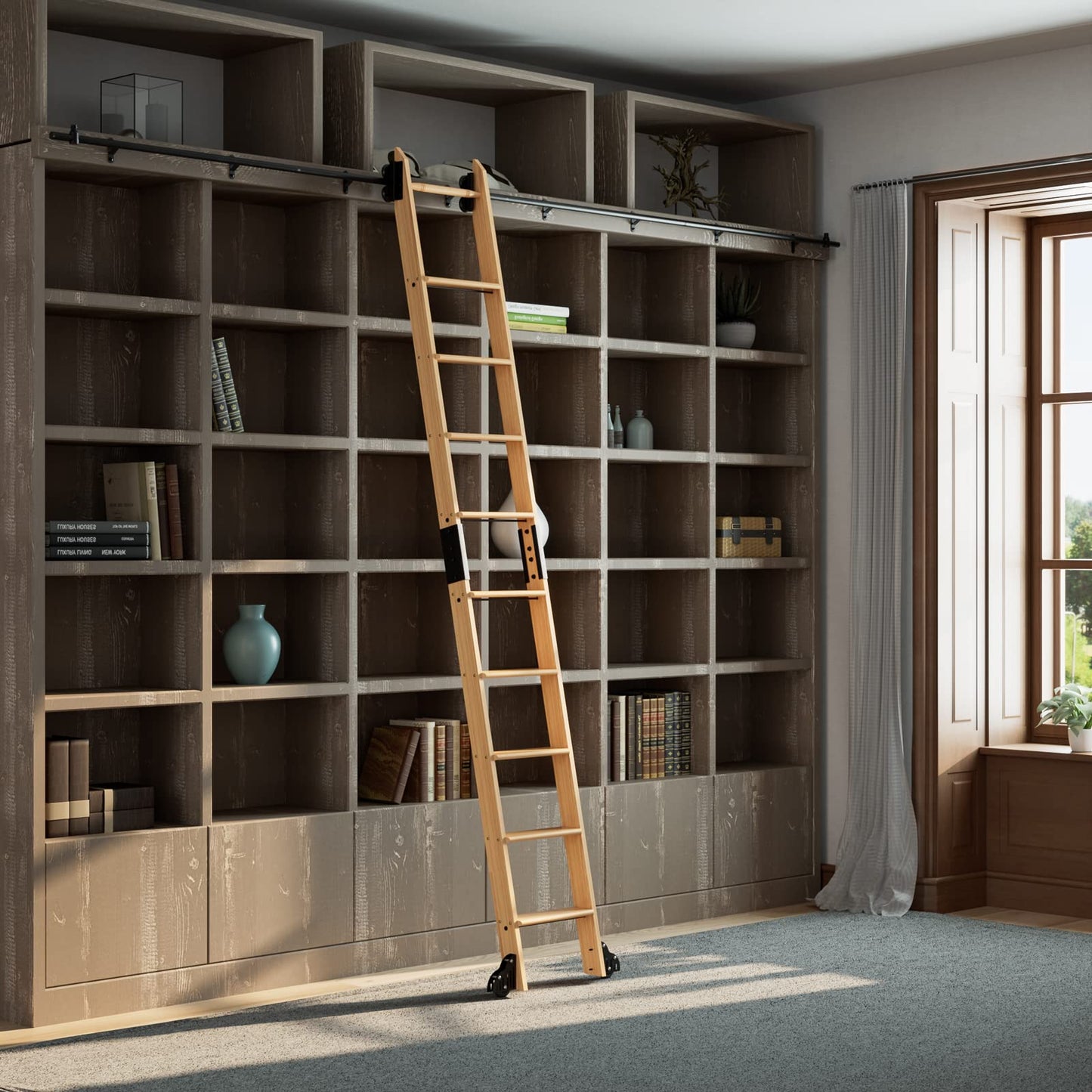KINMADE 10 ft Rolling Library Ladder Kit with Ladder Included, Solid Red Oak Wood, Telescopic Upper Roller, Stable Style&Functional Design