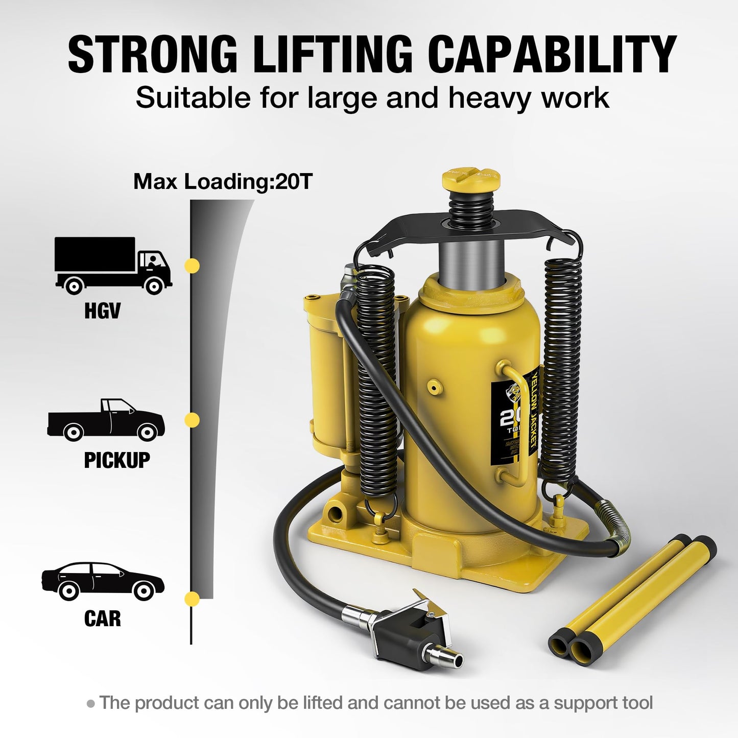 YELLOW JACKET Pneumatic Air Bottle Jack 20 Ton with Manual Hand Pump and Air Pump for Heavy Duty Auto Trucks