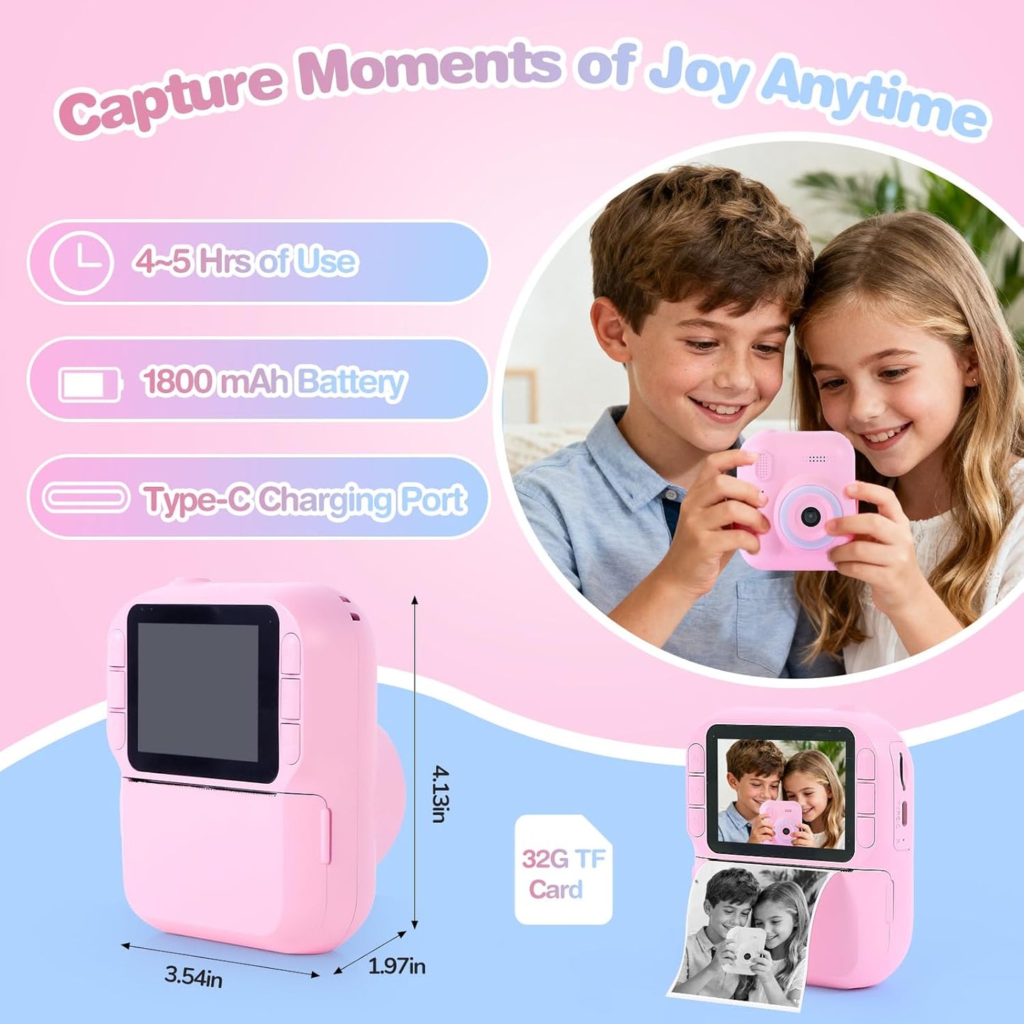 QMWLABS 1080P 32GB MP3 3-12 Kids Camera Instant Print Digital Camera with Thermal Paper, HD Video, Selfie Lens, SD