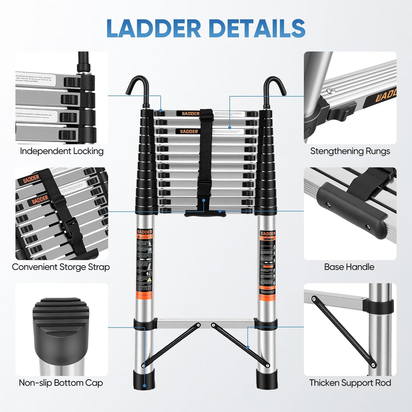 Telescoping Ladder – 16.5 ft Extension Ladder with Hooks, Multi-Position Collapsible Ladder, RV Ladder with Hooks, Heavy Duty (330 lbs), for Home Roofs and Attics