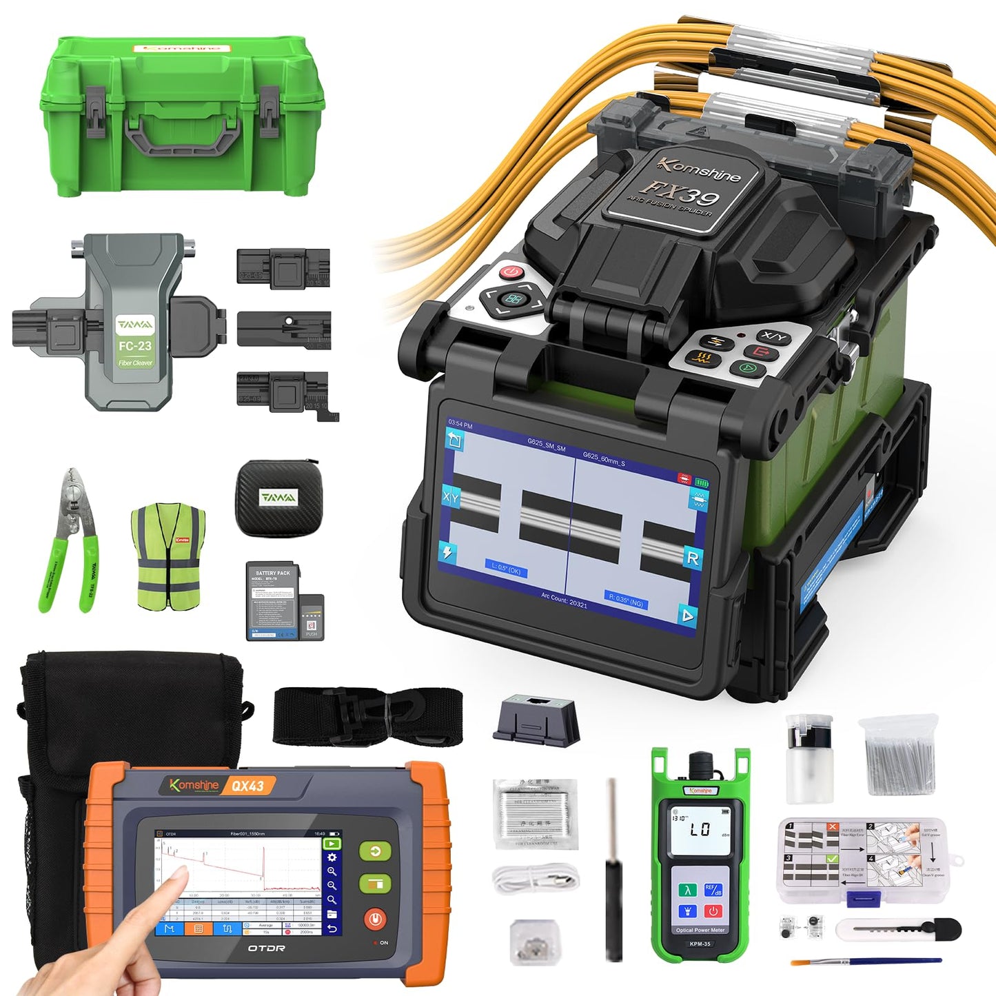 Komshine FX39 Fiber Fusion Splicer Six Motors Core Alignment 6s Splice; 16s Heat +1310/1550nm 26/24dB Touch Screen 4.3 Inch SM OTDR Built in OPM, OLS, RJ45