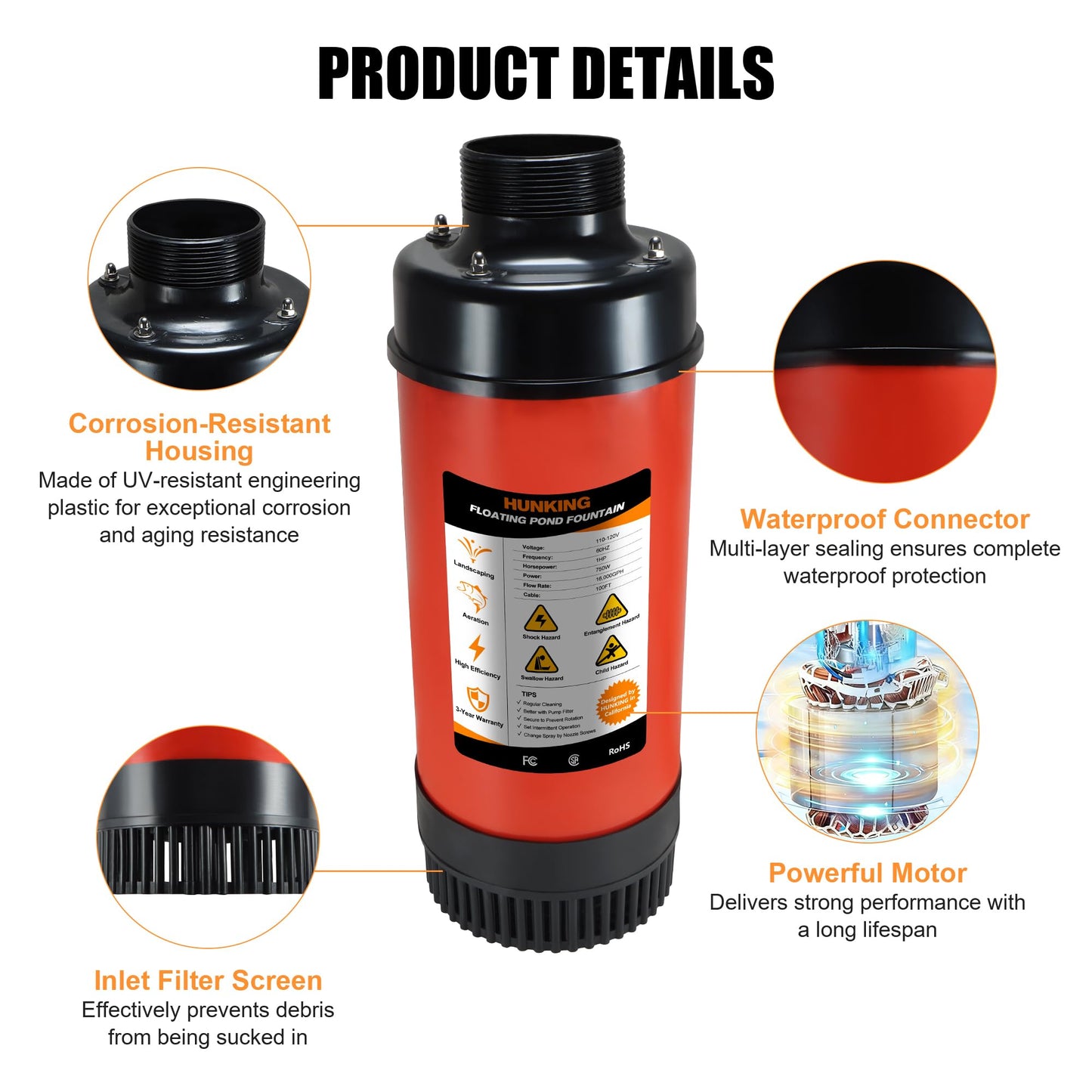 HUNKING H1 Pond Fountain Aerator 750W 1HP - 16000 GPH Floating Aerating Pump with Timer, 110V-120V/100FT Power Cord/2 Nozzles Outdoor Water Circulation Jet System for Large Ponds, Lakes, Water Gardens